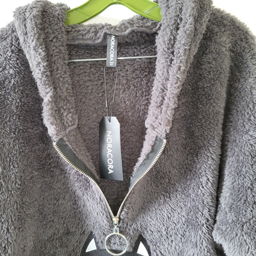 Noracora Plush Fleece Cat Hoodie XXL 1/4 Zip Pouch Pocket Dolman Sleeve Gray - Picture 7 of 15